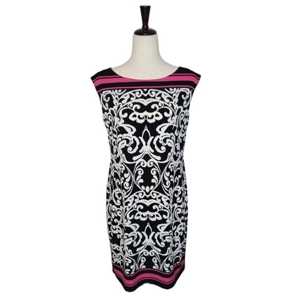 Jessica Howard Black White & Pink Baroque Print Boat Neck Shift Dress Size M - Picture 1 of 8